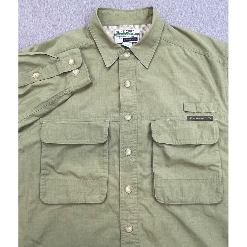 ExOfficio Buzzoff Shirt Mens Insect Shield Medium Green Long Sleeve Pockets